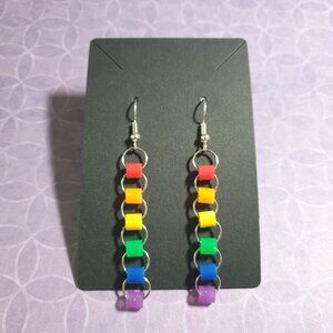 Rainbow Pride Chain Drop Earrings Colorful Beads Silver Tone Rings Spring Gay